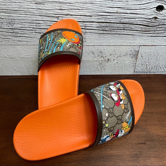 Gucci Donald Duck Beige Slide Disney GG Supreme Size 38 7.5 Sandal Orange 649655 - Picture 11 of 17
